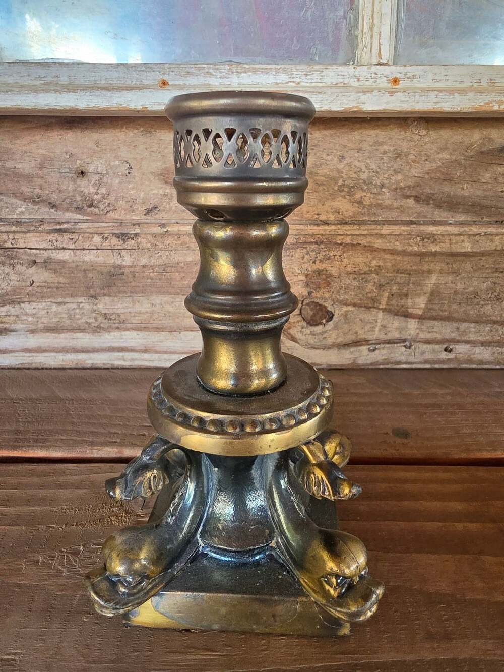 Ornate Brass Candlestick Dolphin Fish Base 6.5" Gothic Victorian Style